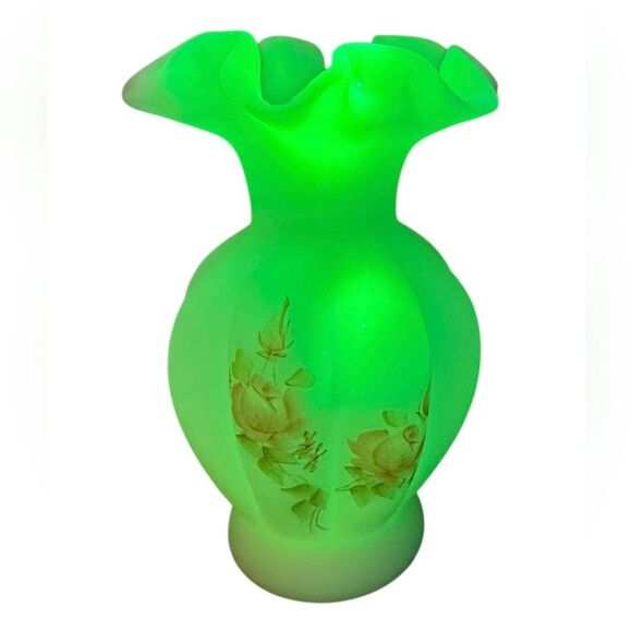 Fenton Custard Ruffled Edge Vase Hand Painted & Signed 5 1/2